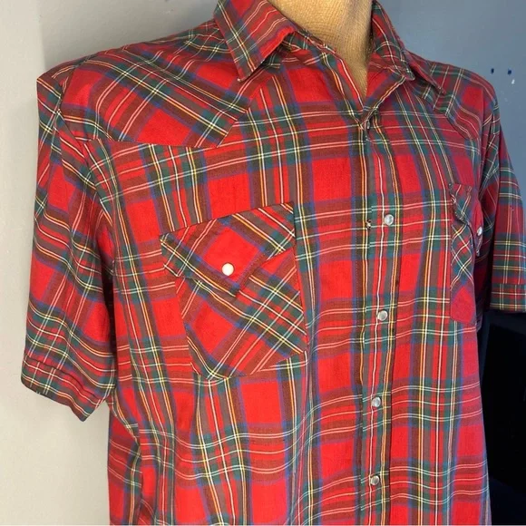 Ely Cattleman Western Red Plaid Shirt Mens XL Pearl Snap Vintage - Picture 5 of 11